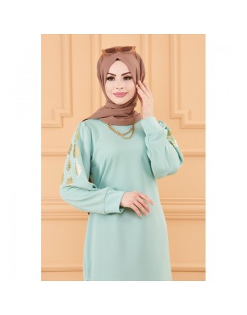 Tunique longue avec dorures (Vetement femme hijab moderne) - Couleur menthe 