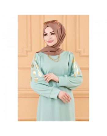 Tunique longue avec dorures (Vetement femme hijab moderne) - Couleur menthe 