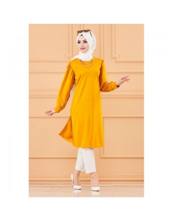 Tunique longue avec dorures (Vêtement à la mode pour femme voilée) - Couleur moutarde 