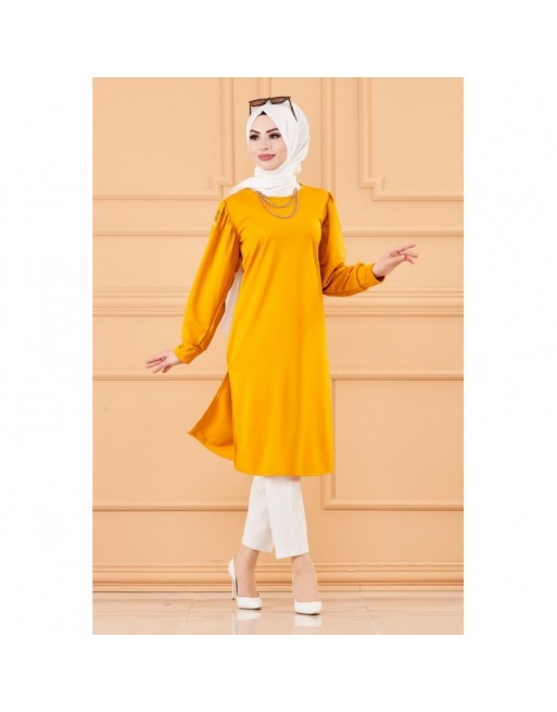 Tunique longue avec dorures (Vêtement à la mode pour femme voilée) - Couleur moutarde Tunique longue avec dorures (Vêtement à la mode pour femme voilée) - Couleur moutarde