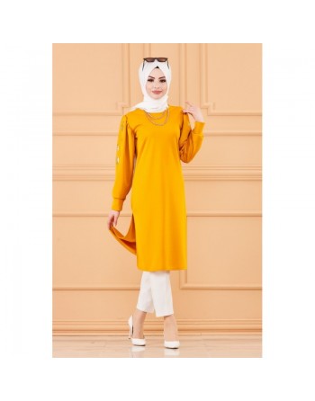 Tunique longue avec dorures (Vêtement à la mode pour femme voilée) - Couleur moutarde 