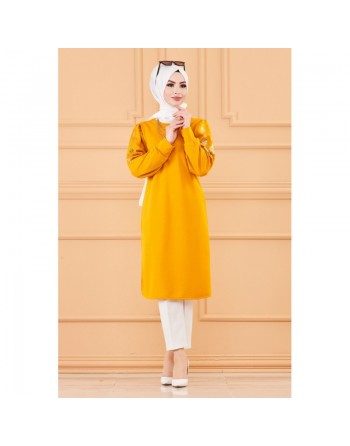 Tunique longue avec dorures (Vêtement à la mode pour femme voilée) - Couleur moutarde 