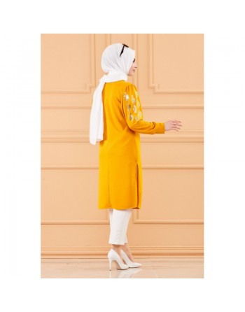 Tunique longue avec dorures (Vêtement à la mode pour femme voilée) - Couleur moutarde 