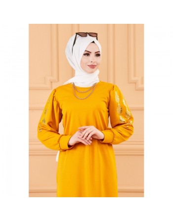 Tunique longue avec dorures (Vêtement à la mode pour femme voilée) - Couleur moutarde 