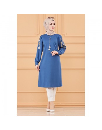Tunique longue avec dorures (Boutique en ligne pour femme musulmane) - Couleur bleu indigo 