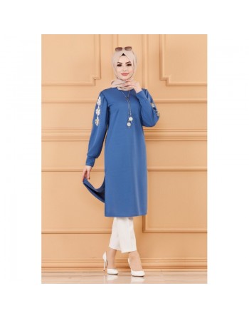Tunique longue avec dorures (Boutique en ligne pour femme musulmane) - Couleur bleu indigo 