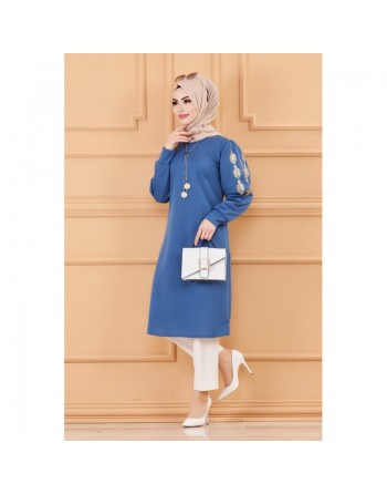 Tunique longue avec dorures (Boutique en ligne pour femme musulmane) - Couleur bleu indigo 