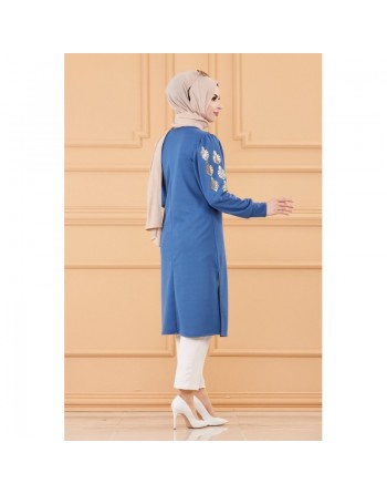 Tunique longue avec dorures (Boutique en ligne pour femme musulmane) - Couleur bleu indigo 