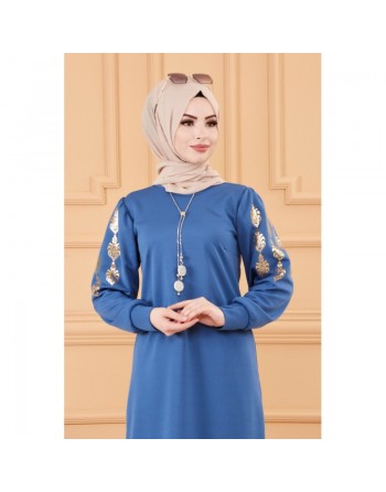 Tunique longue avec dorures (Boutique en ligne pour femme musulmane) - Couleur bleu indigo 
