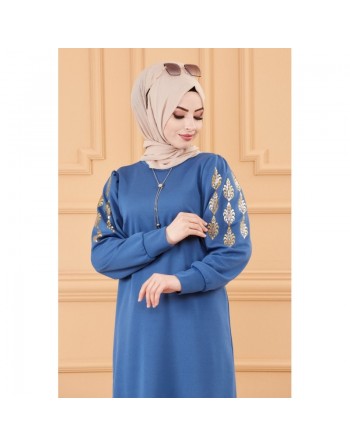 Tunique longue avec dorures (Boutique en ligne pour femme musulmane) - Couleur bleu indigo 