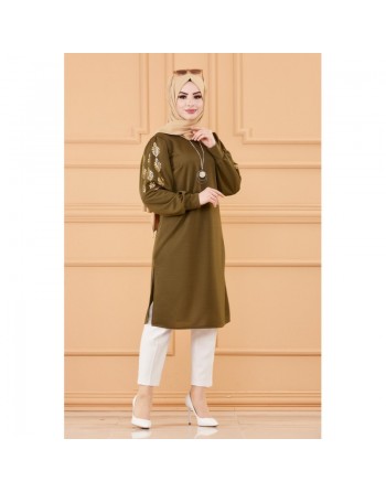 Tunique longue avec dorures (Vêtement hijab turque en ligne) - Couleur kaki 