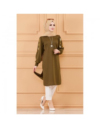 Tunique longue avec dorures (Vêtement hijab turque en ligne) - Couleur kaki 