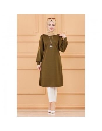 Tunique longue avec dorures (Vêtement hijab turque en ligne) - Couleur kaki 