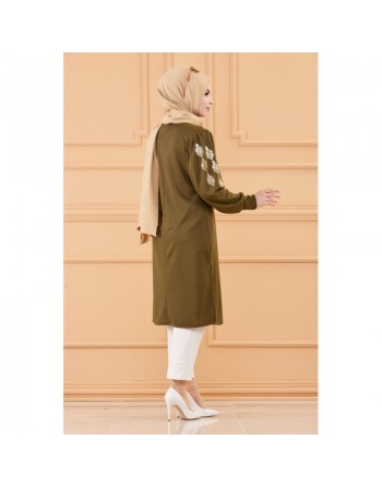 Tunique longue avec dorures (Vêtement hijab turque en ligne) - Couleur kaki 
