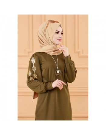 Tunique longue avec dorures (Vêtement hijab turque en ligne) - Couleur kaki 