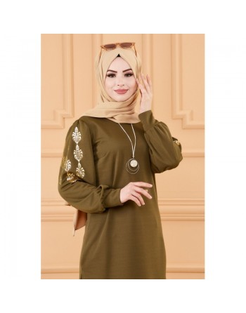 Tunique longue avec dorures (Vêtement hijab turque en ligne) - Couleur kaki 