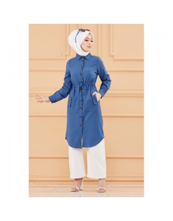 Tunique en dentelle à la taille (Vêtement femme voilée chic) - Couleur bleu pétrole 