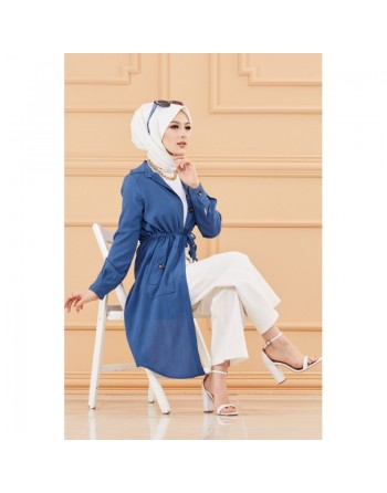 Tunique en dentelle à la taille (Vêtement femme voilée chic) - Couleur bleu pétrole 