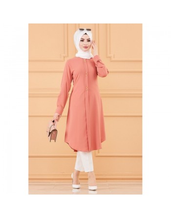 Tunique longue évasée boutonnée pour femme (Vêtement style habillé pour hijab) - Couleur rose 