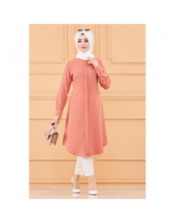Tunique longue évasée boutonnée pour femme (Vêtement style habillé pour hijab) - Couleur rose 