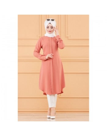 Tunique longue évasée boutonnée pour femme (Vêtement style habillé pour hijab) - Couleur rose 