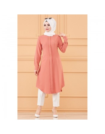 Tunique longue évasée boutonnée pour femme (Vêtement style habillé pour hijab) - Couleur rose 