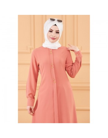 Tunique longue évasée boutonnée pour femme (Vêtement style habillé pour hijab) - Couleur rose 