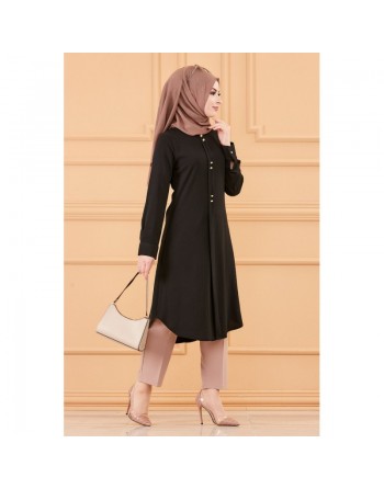 Tunique longue boutonnée (Vêtement style habillé pour hijab) - Couleur noir 