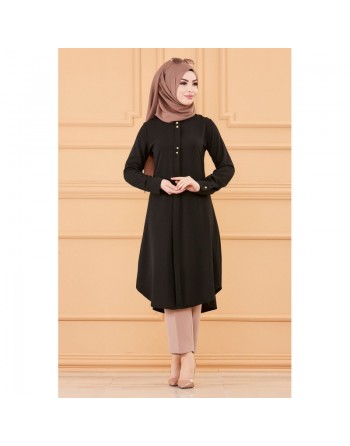Tunique longue boutonnée (Vêtement style habillé pour hijab) - Couleur noir 