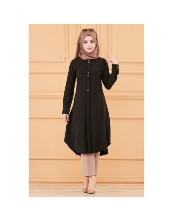 Tunique longue boutonnée (Vêtement style habillé pour hijab) - Couleur noir 