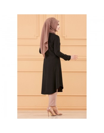 Tunique longue boutonnée (Vêtement style habillé pour hijab) - Couleur noir 