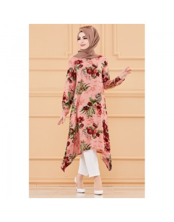 Tunique fleurie ample pour femme (Vêtement chic compatible pour Hijab et voile islamique - Nouvelle collection) - Couleur rose 