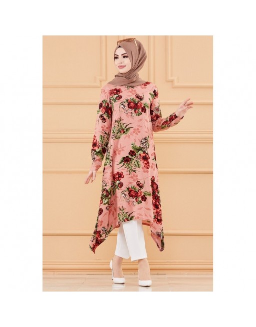 Tunique fleurie ample pour femme (Vêtement chic compatible pour Hijab et voile islamique - Nouvelle collection) - Couleur rose Tunique fleurie ample pour femme (Vêtement chic compatible pour Hijab et voile islamique - Nouvelle collection) - Couleur rose