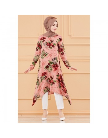 Tunique fleurie ample pour femme (Vêtement chic compatible pour Hijab et voile islamique - Nouvelle collection) - Couleur rose 