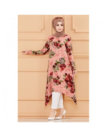 Tunique fleurie ample pour femme (Vêtement chic compatible pour Hijab et voile islamique - Nouvelle collection) - Couleur rose 