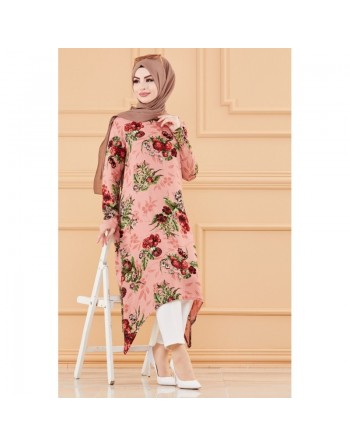 Tunique fleurie ample pour femme (Vêtement chic compatible pour Hijab et voile islamique - Nouvelle collection) - Couleur rose 