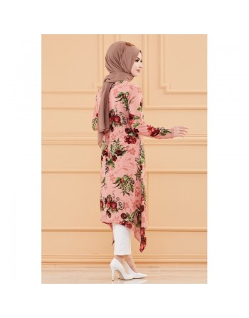 Tunique fleurie ample pour femme (Vêtement chic compatible pour Hijab et voile islamique - Nouvelle collection) - Couleur rose 