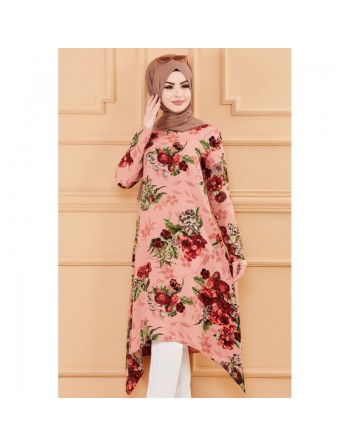 Tunique fleurie ample pour femme (Vêtement chic compatible pour Hijab et voile islamique - Nouvelle collection) - Couleur rose 