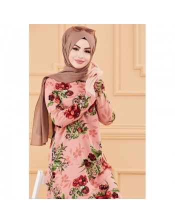 Tunique fleurie ample pour femme (Vêtement chic compatible pour Hijab et voile islamique - Nouvelle collection) - Couleur rose 