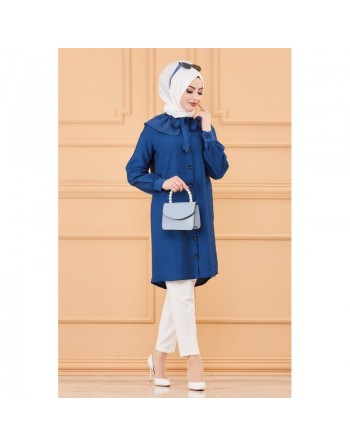 Tunique chemise boutonnée habillée pour femme (Tenue Hijab classique) - Couleur bleu pétrole 