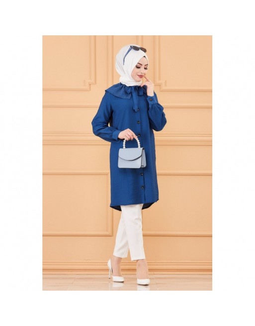 Tunique chemise boutonnée habillée pour femme (Tenue Hijab classique) - Couleur bleu pétrole Tunique chemise boutonnée habillée pour femme (Tenue Hijab classique) - Couleur bleu pétrole