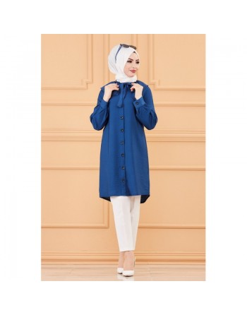 Tunique chemise boutonnée habillée pour femme (Tenue Hijab classique) - Couleur bleu pétrole 