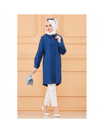 Tunique chemise boutonnée habillée pour femme (Tenue Hijab classique) - Couleur bleu pétrole 