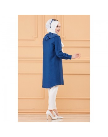 Tunique chemise boutonnée habillée pour femme (Tenue Hijab classique) - Couleur bleu pétrole 