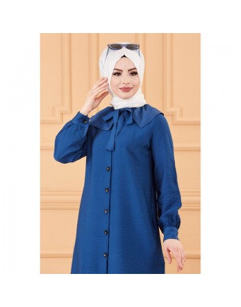 Tunique chemise boutonnée habillée pour femme (Tenue Hijab classique) - Couleur bleu pétrole 