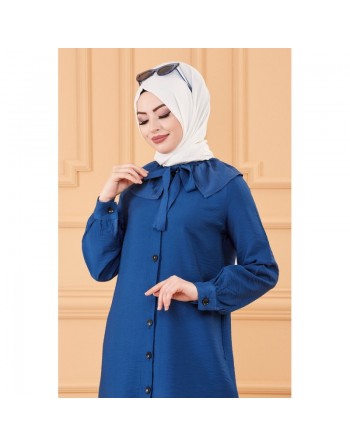 Tunique chemise boutonnée habillée pour femme (Tenue Hijab classique) - Couleur bleu pétrole 