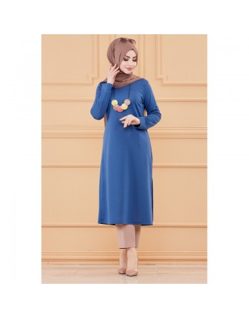 Tunique longue avec collier offert (Vetement hijab femme chic) - Couleur bleu indigo 