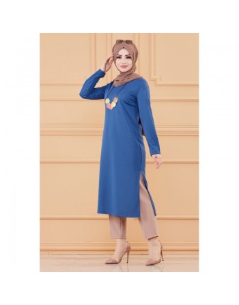 Tunique longue avec collier offert (Vetement hijab femme chic) - Couleur bleu indigo 