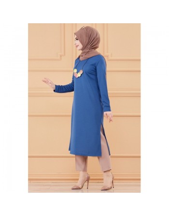 Tunique longue avec collier offert (Vetement hijab femme chic) - Couleur bleu indigo 