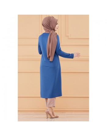 Tunique longue avec collier offert (Vetement hijab femme chic) - Couleur bleu indigo 
